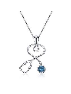 AOBOCO Sterling Silver Stethoscope Necklace Doctor Nurse Medical Jewelry with Simulated Birthstone Crystal from Swarovski, Medical Student RN Registered Nurse Gifts for W