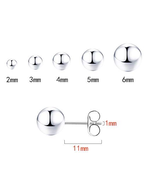 5 Pairs Tiny Sterling Silver Ball Stud Earrings Set for Women Girls 2-6mm/5 Pairs Sterling Silver Cubic Zirconia Stud Earrings Set for Women Men 3-7mm