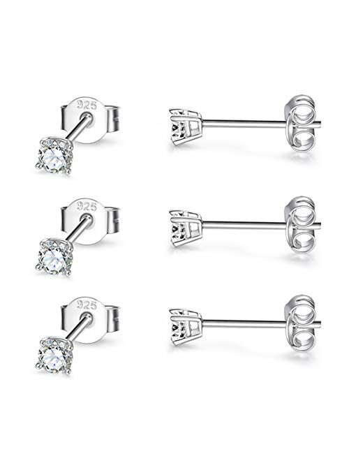 Sterling Silver Stud Earrings for Women Girls Men- 3 Pairs 3mm Tiny Ball Stud Earrings Round CZ Earrings Pearl Earrings Set Cartilage Small Tragus Earrings
