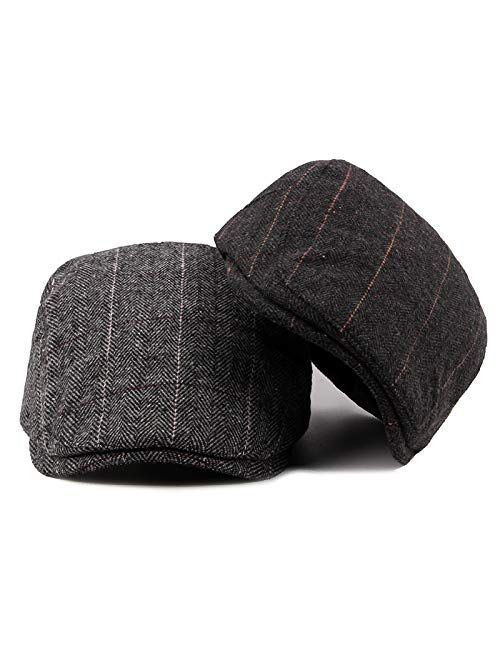 2 Pack Newsboy Hats for Men Classic Herringbone Tweed Wool Blend Flat Cap Ivy Gatsby Cabbie Driving Hat