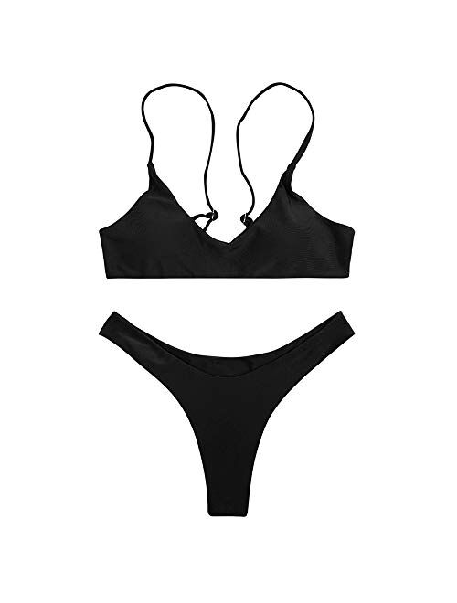 SherryDC Women's Solid Scoop Neck Push up Padded Brazilian Thong Bikini Swimsuit