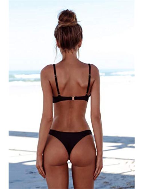SherryDC Women's Solid Scoop Neck Push up Padded Brazilian Thong Bikini Swimsuit