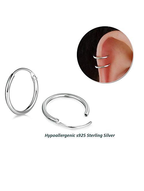 3 Pairs Sterling Silver Small Hoop Earrings Set Hypoallergenic Endless Cartilage Earrings Huggie Nose Lip Rings for Women Men Girls, 8mm 10mm 12mm