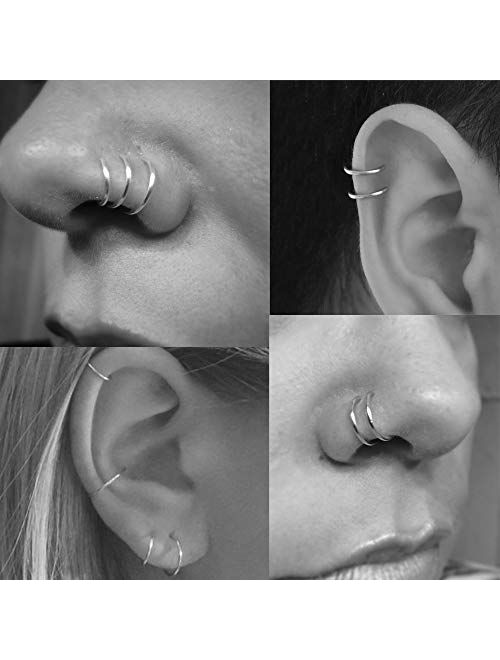 3 Pairs Sterling Silver Small Hoop Earrings Set Hypoallergenic Endless Cartilage Earrings Huggie Nose Lip Rings for Women Men Girls, 8mm 10mm 12mm