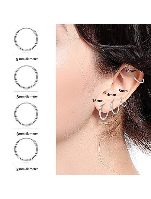 RoseJeopal Hoop Earring 14K White Gold Plated S925 Sterling Silver Endless Small Hoop Earring Set for Cartilage Nose Lip Rings 8mm-16mm
