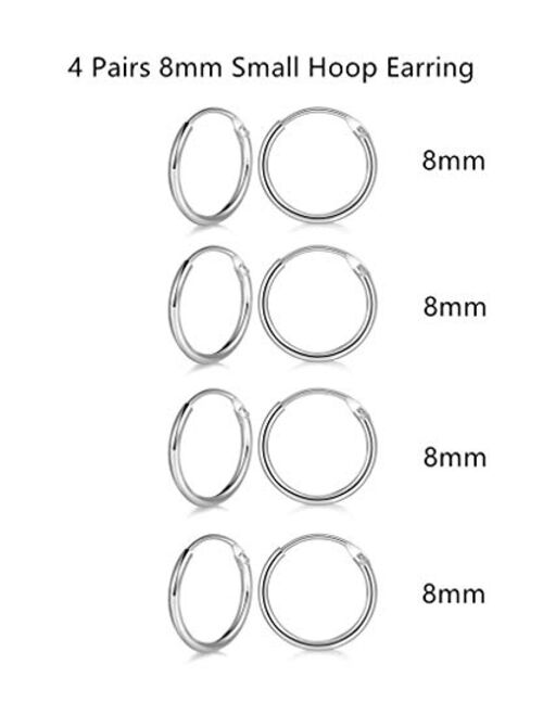 RoseJeopal Hoop Earring 14K White Gold Plated S925 Sterling Silver Endless Small Hoop Earring Set for Cartilage Nose Lip Rings 8mm-16mm