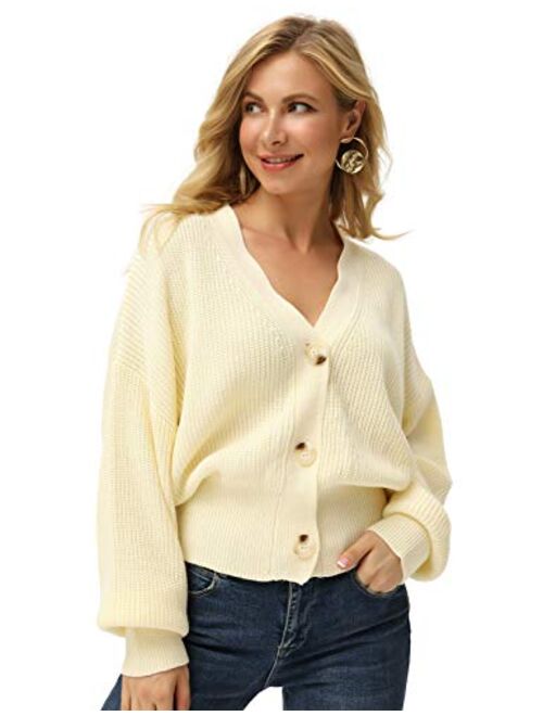 Grace Karin Women V Neck Drop Shoulder Button Down Sweater Lantern Sleeve Knit Cardigan Tops