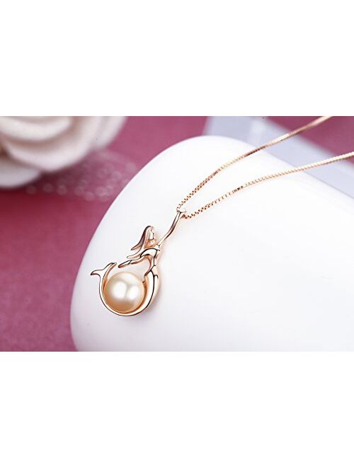WRISTCHIE Womens Jewelry 925 Sterling Silver and Freshwater-Cultured Pearl Mermaid Pendant Necklace 18+2"