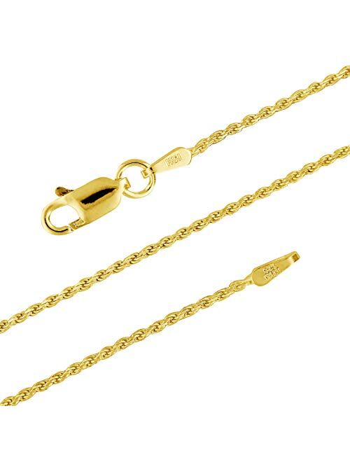 14kt Yellow Gold Plated Sterling Silver 1.1mm Diamond-Cut Rope Chain Necklace Solid Italian Nickel-Free, 14-36 Inch