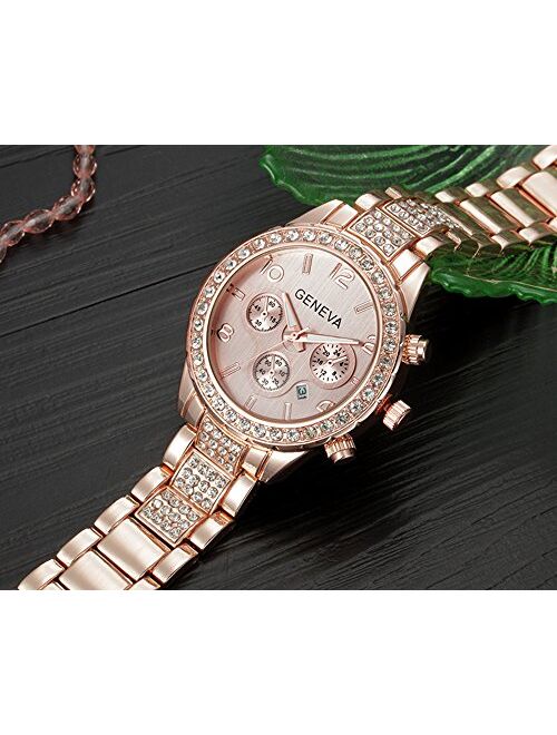Unisex Luxury Pave Floating Crystal Diamonds Calendar Quartz Watch with Stainless Steel Link Bracelet