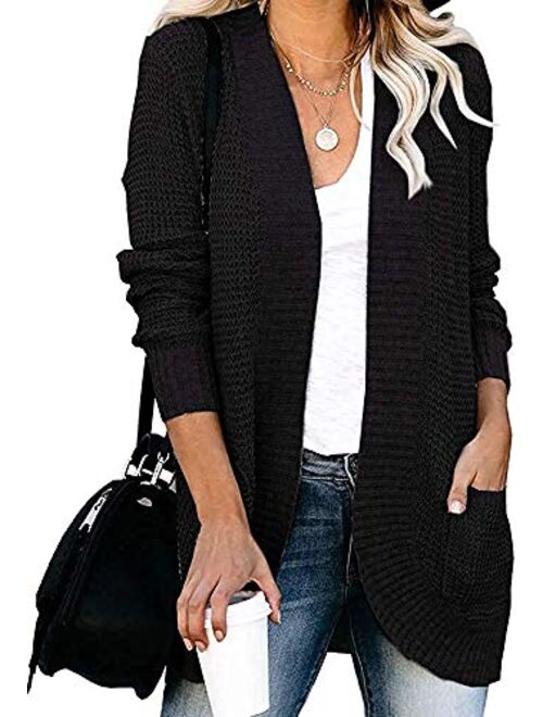 Xpreen Womens Long Sleeve Open Front Cardigan Casual Lightweight Waffle Knit Sweaters Outerwear with Pockets