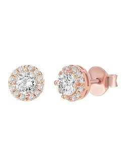 14K Gold Plated Sterling Silver Post Brilliant Round Faux Diamond Halo Earrings - Premium Cubic Zirconia in Rose Gold, White Gold and Yellow Gold