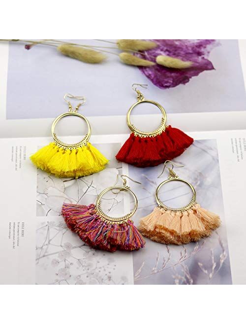 LANTAI 12 Pairs Bohemian Tassel Earrings-Colorful Hoop Fringe Layerd Dangle Tassel Earrings for Women Girls Gift Statement Earrings