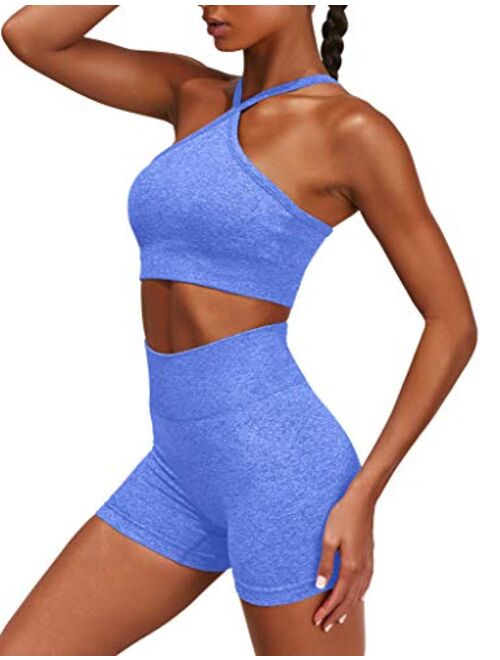 HYZ Women's Workout 2 Piece Outfits High Waist Running Shorts Seamless Gym Yoga Crop Top Bra Sets