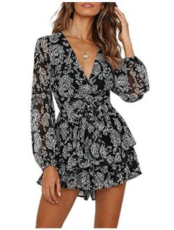 AIMCOO Women's Floral Print Deep V-Neck Double Layer Ruffle Hem Long Baggy Sleeves with Belt Short Romper