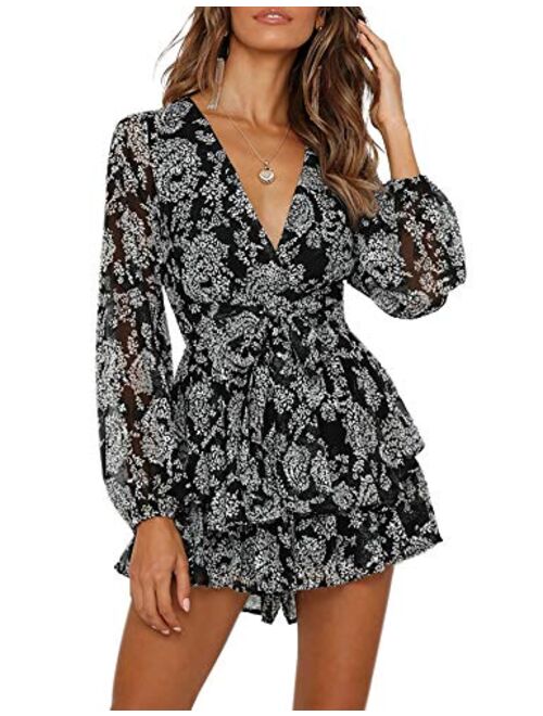 Women's Deep V-Neck Floral Print Romper Long Baggy Sleeves Double Layer Ruffle Hem Short Rompers with Belt 