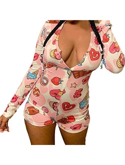 Wome Deep V Neck Funny Print Jumpsuit Rompers Button Down Pajamas Stretch Short Bodysuits Shorts