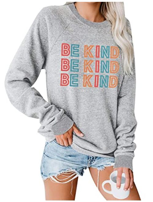 Blooming Jelly Women's Cute Graphic Sweatshirt Be Kind Crewneck Raglan Long Sleeve Pullover Top