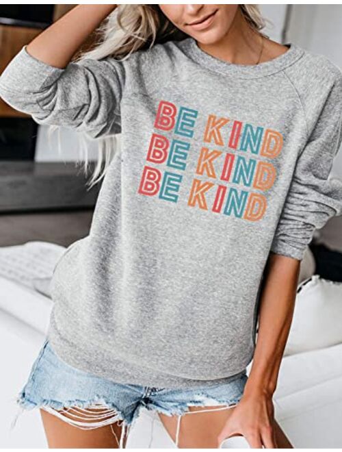 Blooming Jelly Women's Cute Graphic Sweatshirt Be Kind Crewneck Raglan Long Sleeve Pullover Top