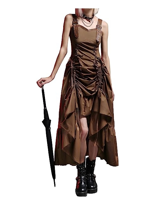 SCARLET DARKNESS Women Steampunk Gothic Victorian Long Dress Sleeveless Ruffled Dress