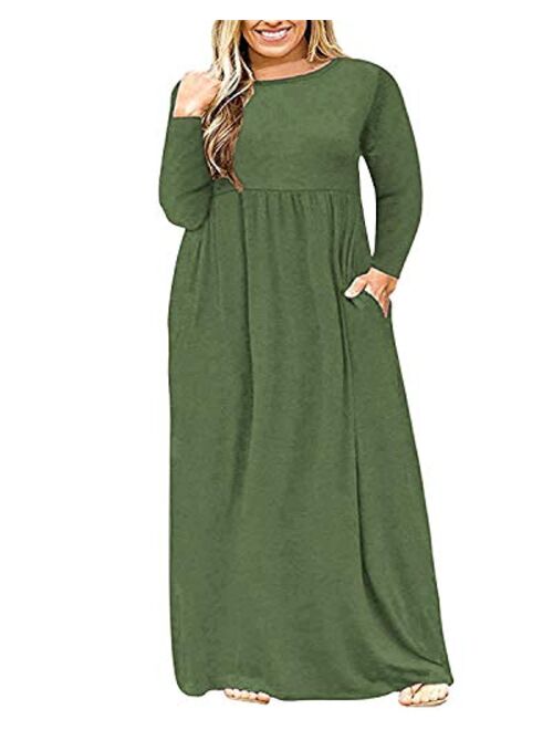 AUSELILY Women's Plus Size Long Sleeve Loose Plain Casual Long Maxi Dresses with Pockets