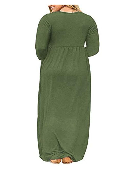 AUSELILY Women's Plus Size Long Sleeve Loose Plain Casual Long Maxi Dresses with Pockets