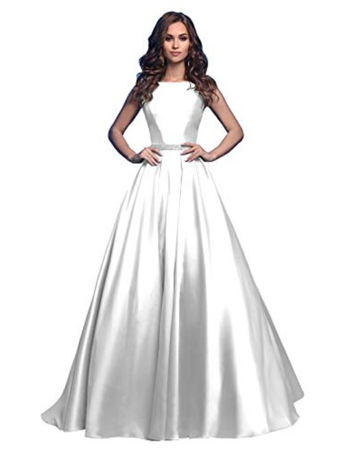 Ufashion Women's Satin Ruched A Line Prom Dress Beaded Formal Evening Gown with Pockets