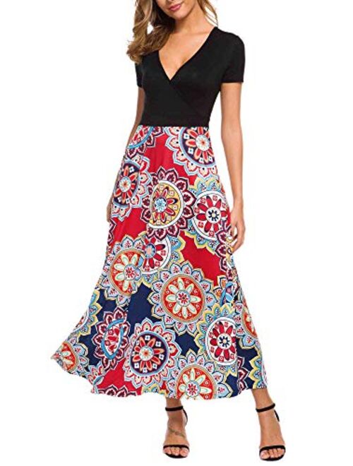 HUHOT Women Short Sleeves V Neck A Line Unique Cross Wrap Summer Maxi Dresses with Pockets