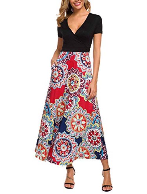HUHOT Women Short Sleeves V Neck A Line Unique Cross Wrap Summer Maxi Dresses with Pockets