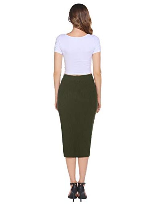 HOTLOOX Women's Basic Plain Stretchy Ribbed Knit Split High Waist Full Length Sweater Skirt S-XXL