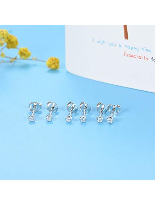 Sterling Silver Stud Earrings for Women Men Girls- 3 Pairs of Tiny Round CubicZirconia Earrings CZ Small Cartilage Tragus Earrings(2mm/3mm/4mm)