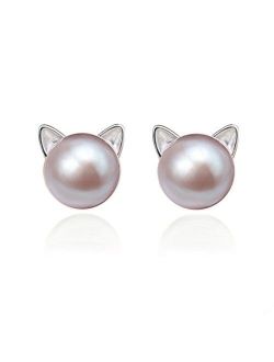 S.Leaf Cat Earrings Pearl Earrings Sterling Silver Studs Earrings for Women