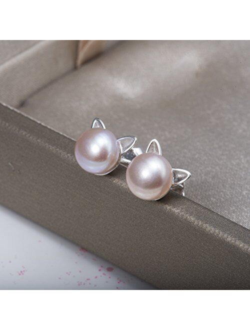 S.Leaf Cat Earrings Pearl Earrings Sterling Silver Studs Earrings for Women