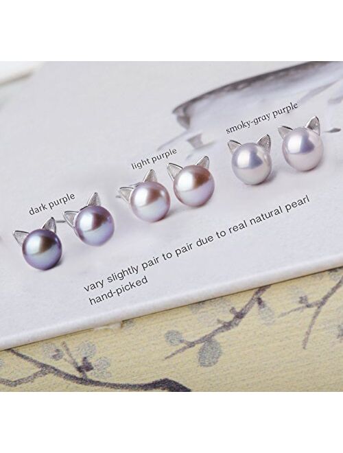 S.Leaf Cat Earrings Pearl Earrings Sterling Silver Studs Earrings for Women