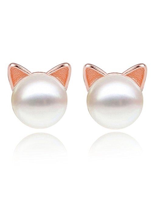 S.Leaf Cat Earrings Pearl Earrings Sterling Silver Studs Earrings for Women