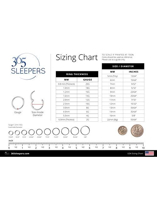 365 Sleepers 1 Pair Solid Sterling Silver 18G Hinged Hoop Sleeper Earrings Made In Australia 8mm / 10mm / 13mm / 16mm / 20mm