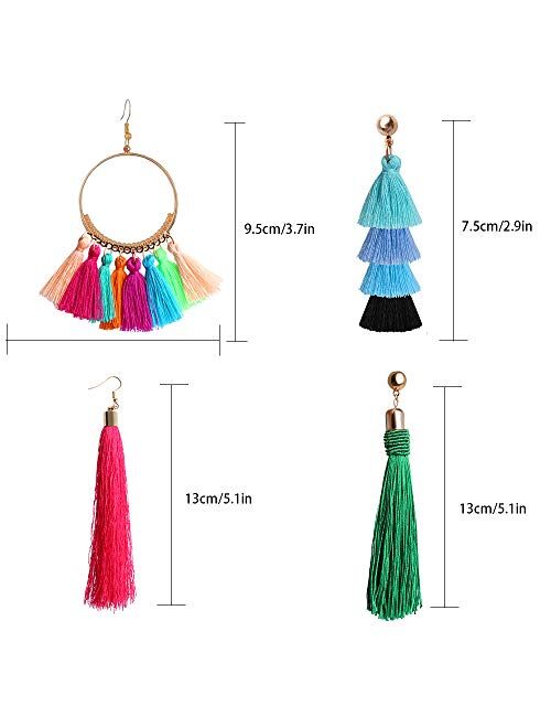 Outee 12 Pairs Tassel Earrings for Women Fashion Bohemian Earrings Colorful Layered Long Thread Ball Dangly Earrings Tiered Drop Earrings Jewelry Valentine Birthday Party