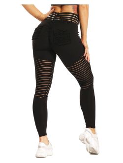 Women's High Waist Printed Yoga Leggings With Pockets Mesh Tummy Control Scrunch Butt Lift Booty Yoga Pants 4 Way Stretch Workout Pants Gym Athletic Tights Black S