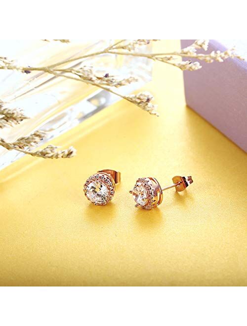 Jstyle Stud Earrings for Women 18K White Gold Rose Plated CZ Halo Earrings Created Opal Earrings Set for Sensitive Ears with Gift Box