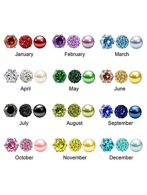 JewelrieShop Birthstone Studs Earring Set Cubic Zirconia Rhinestones Crystal Ball Faux Pearl Stainless Steel Stud Earrings for Women Girl Jewelry Gift (6mm Round,3 Pairs)
