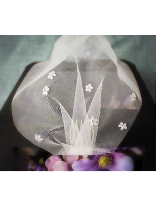Auch Elegant Flower Crystal Birdcage Veil for Bride, Bridal Short Veil with Comb for Wedding, White