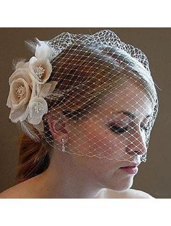 Kercisbeauty Wedding Bridal Flower Face Birdcage Single Layer Lace Champagne White Veil Drop with Hair Comb Chapel Dancing Prom Halloween Custom Hair Accessories