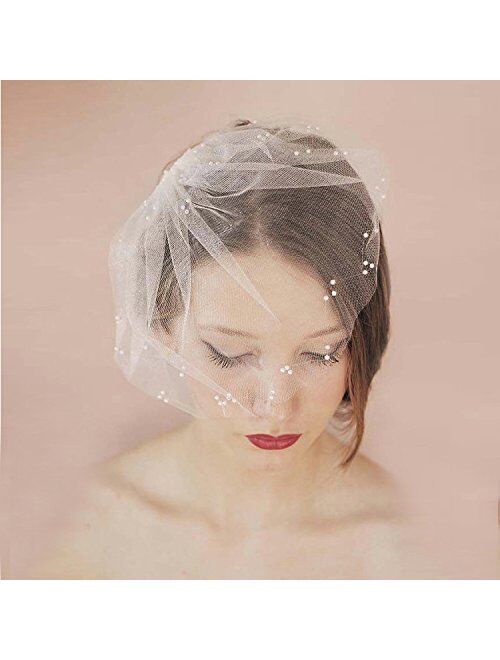 Auch Elegant Soft Tulle Bridal Veil with Comb, Short Ivory White Wedding Veil with Pearl Decorate, Handmade Birdcage Wedding Veils