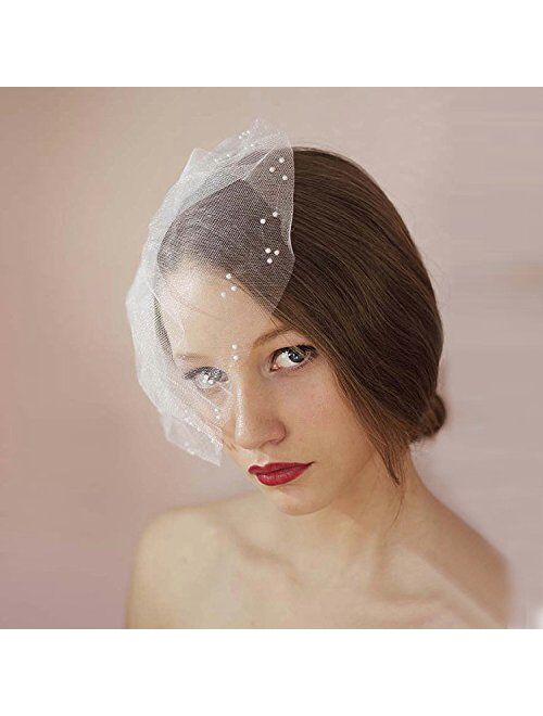 Auch Elegant Soft Tulle Bridal Veil with Comb, Short Ivory White Wedding Veil with Pearl Decorate, Handmade Birdcage Wedding Veils