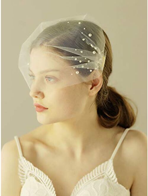 Barode Bride Wedding Veil Pearl Birdcage Tulle Veil with Comb Bridal Hair Accessories for Women and Girls