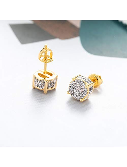 Iced Out Cubic Zirconia Screw Back 18k Gold Plated Round Stud Earring For Men and Women Hypoallergenic Earring TwoTone Micropave Hip Hop Jewelry SENTERIA