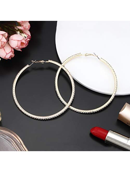 BSJELL Large Hoop Earrings for Women Rhinestone Crystal Big Circle Hoops Stud Earrings Fashion Bridal Wedding Jewelry,Gold/Rose Gold/Silver Plated