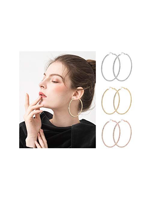 BSJELL Large Hoop Earrings for Women Rhinestone Crystal Big Circle Hoops Stud Earrings Fashion Bridal Wedding Jewelry,Gold/Rose Gold/Silver Plated