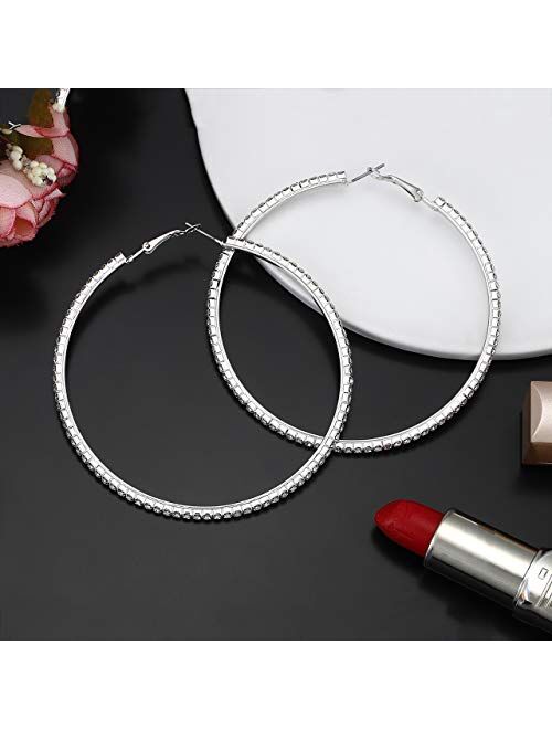 BSJELL Large Hoop Earrings for Women Rhinestone Crystal Big Circle Hoops Stud Earrings Fashion Bridal Wedding Jewelry,Gold/Rose Gold/Silver Plated