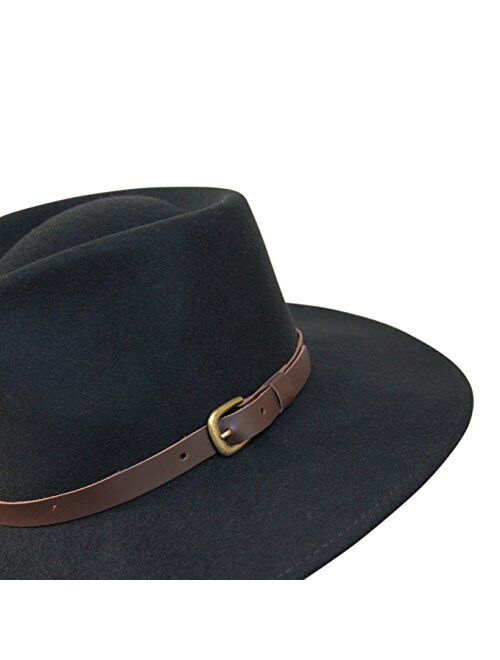 B&S Premium Lewis - Wide Brim Fedora Hat - 100% Wool Felt - Water Resistant - Leather Band